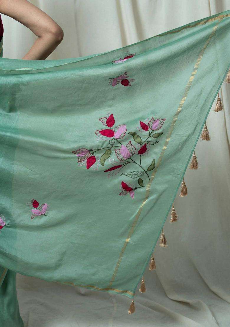 Seher Sage Green Floral Hand Embroidery Saree without Blouse for Women Festive Wear - Indya
