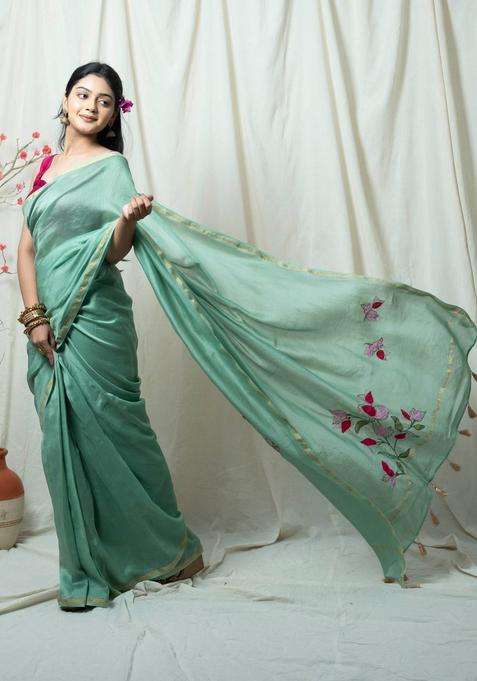 Seher Sage Green Floral Hand Embroidery Saree without Blouse for Women Festive Wear