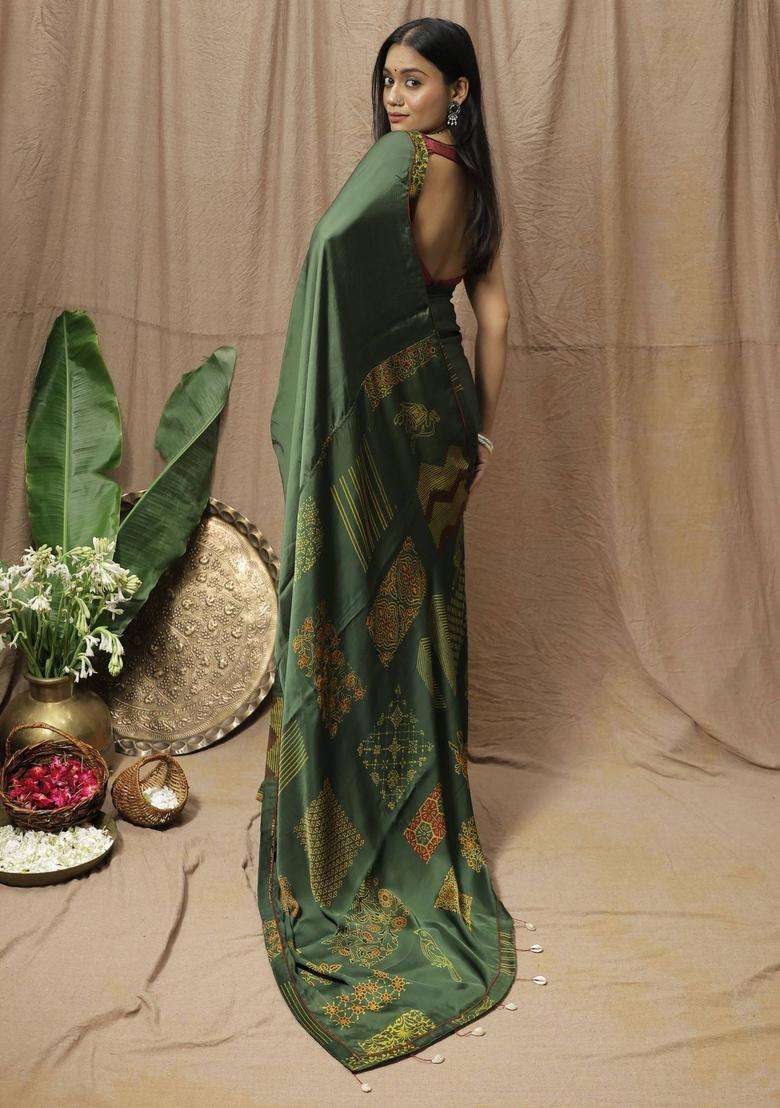 Shamita Printed Green Saree without Blouse for Women Festive Wear - Indya