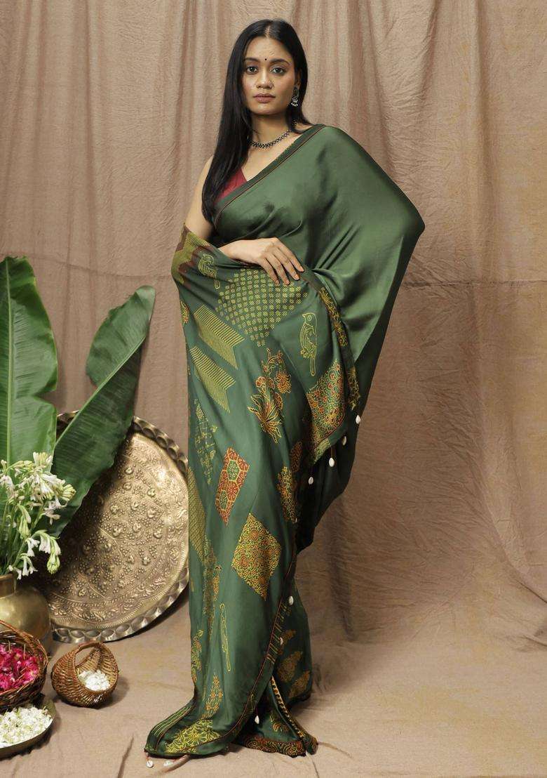 Shamita Printed Green Saree without Blouse for Women Festive Wear - Indya