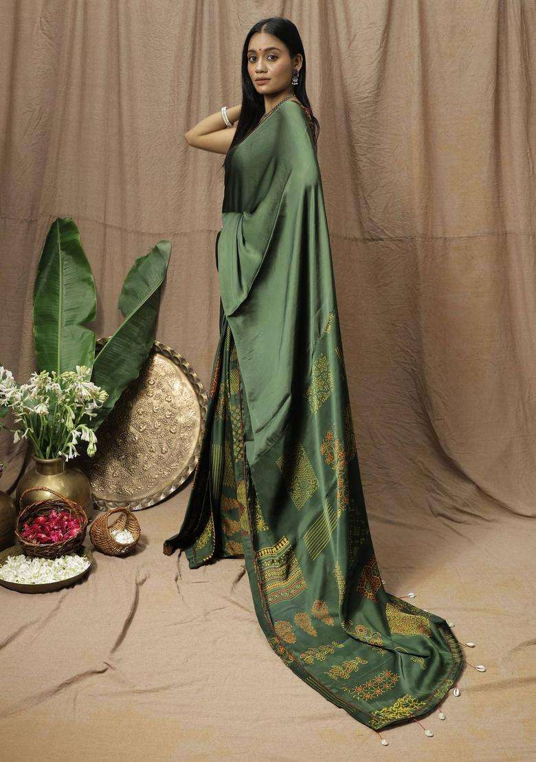 Shamita Printed Green Saree without Blouse for Women Festive Wear - Indya