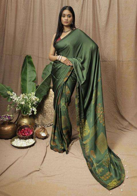 Shamita Printed Green Saree without Blouse for Women Festive Wear