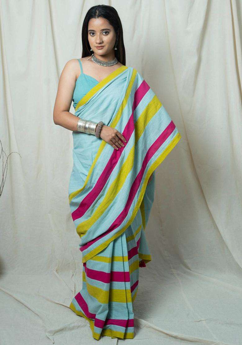 Shanaya Turquoise Stripes Tassels Work Saree without Blouse for Women Casual Wear - Indya