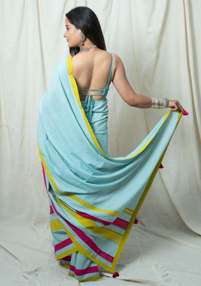 Shanaya Turquoise Stripes Tassels Work Saree without Blouse for Women Casual Wear - Indya
