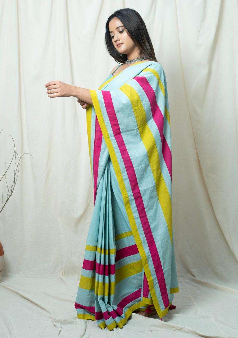 Shanaya Turquoise Stripes Tassels Work Saree without Blouse for Women Casual Wear - Indya