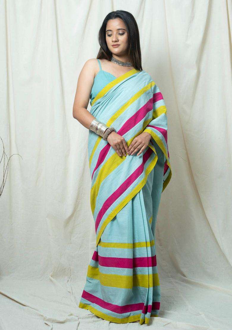 Shanaya Turquoise Stripes Tassels Work Saree without Blouse for Women Casual Wear - Indya
