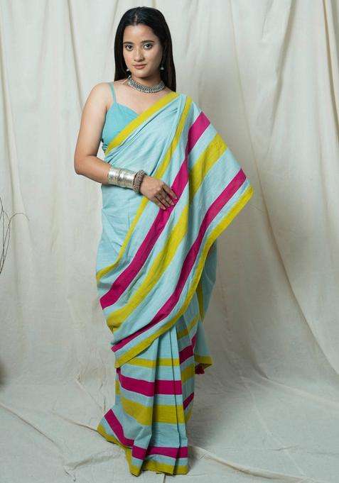 Shanaya Turquoise Stripes Tassels Work Saree without Blouse for Women Casual Wear