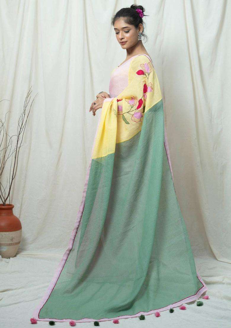 Sharmila Multicolor Colorblock Hand Embroidery Saree without Blouse for Women Casual Wear - Indya