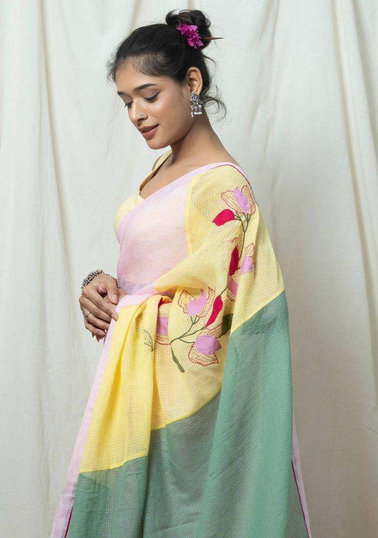 Sharmila Multicolor Colorblock Hand Embroidery Saree without Blouse for Women Casual Wear - Indya