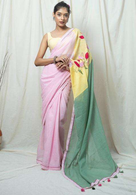 Sharmila Multicolor Colorblock Hand Embroidery Saree without Blouse for Women Casual Wear