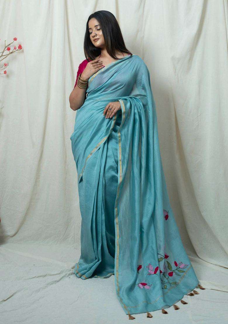 Siyaali Blue Floral Hand Embroidery Saree without Blouse for Women Festive Wear - Indya