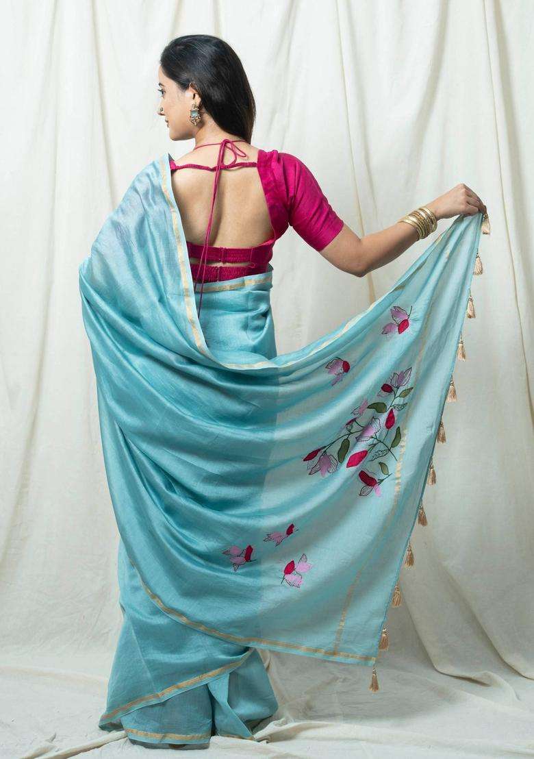 Siyaali Blue Floral Hand Embroidery Saree without Blouse for Women Festive Wear - Indya