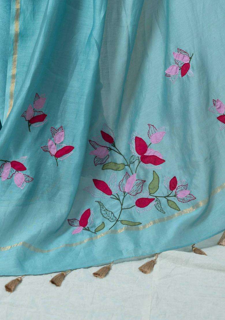Siyaali Blue Floral Hand Embroidery Saree without Blouse for Women Festive Wear - Indya