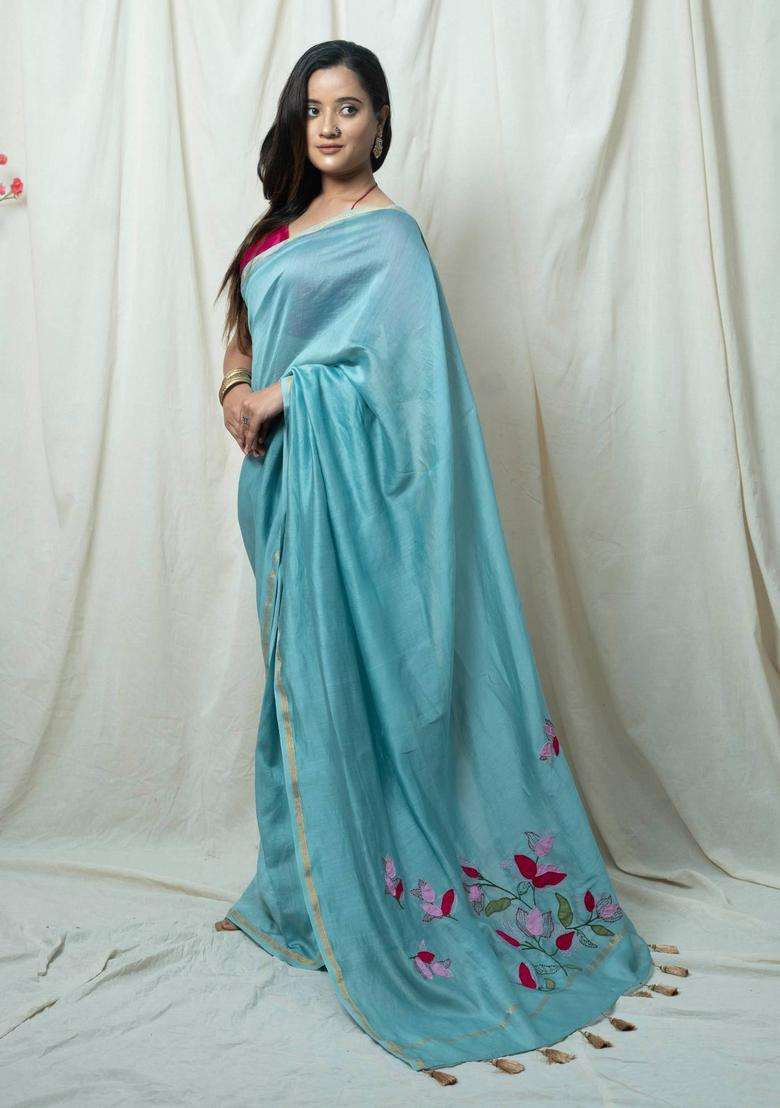 Siyaali Blue Floral Hand Embroidery Saree without Blouse for Women Festive Wear - Indya