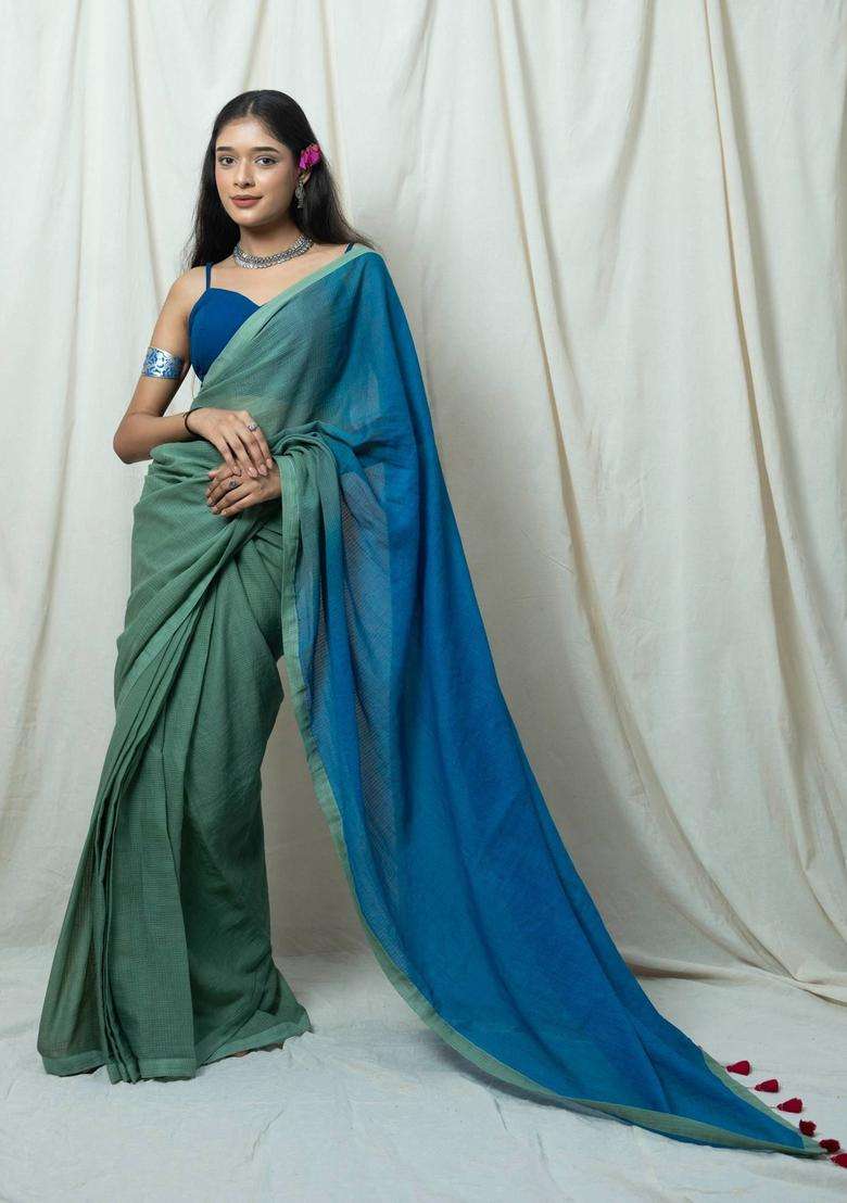 Siyahi Green and Blue Ombre Saree without Blouse for Women Casual Wear - Indya
