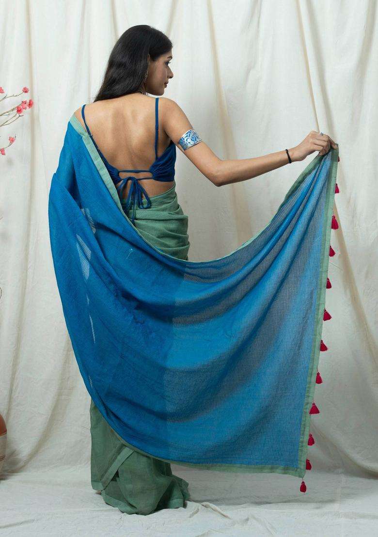 Siyahi Green and Blue Ombre Saree without Blouse for Women Casual Wear - Indya