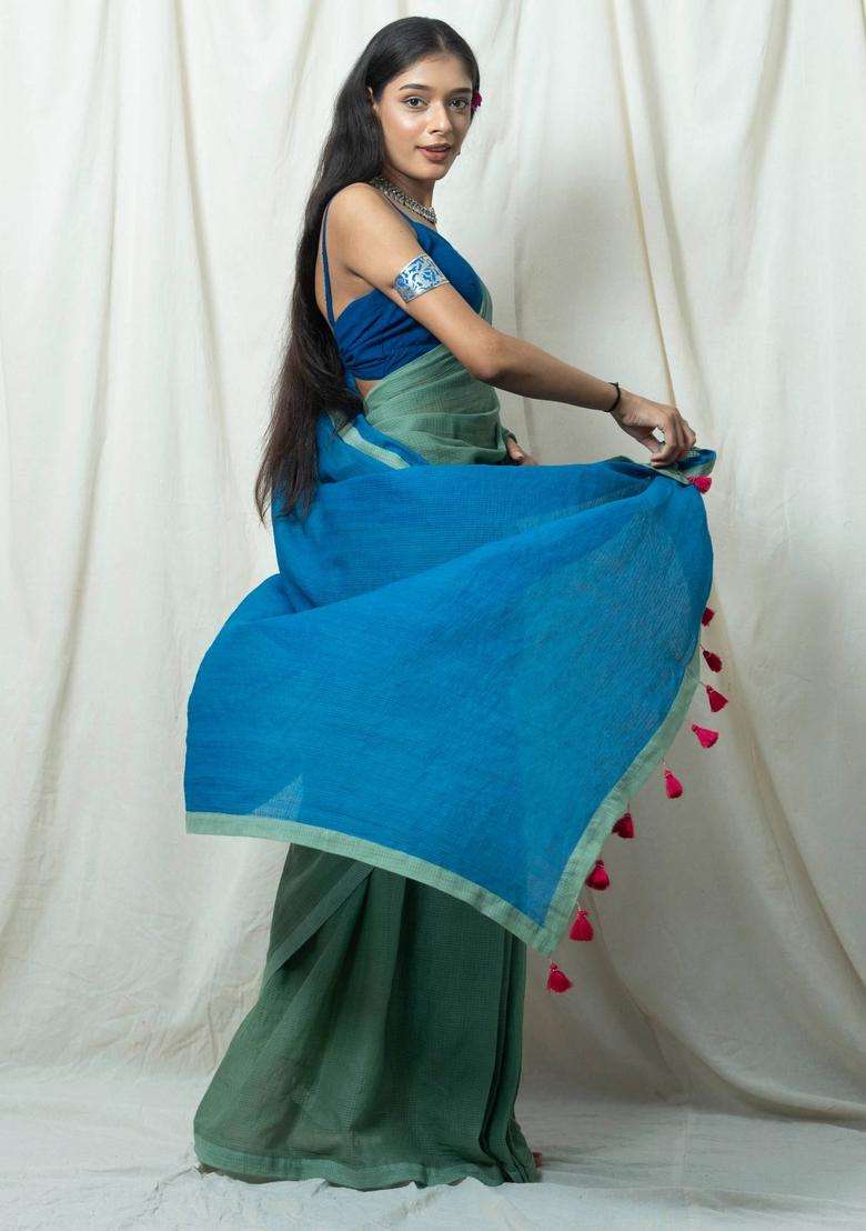 Siyahi Green and Blue Ombre Saree without Blouse for Women Casual Wear - Indya