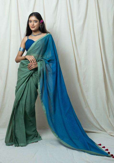 Siyahi Green and Blue Ombre Saree without Blouse for Women Casual Wear