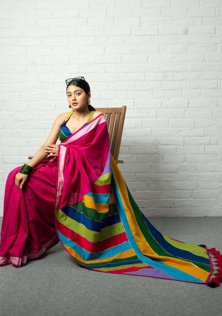 Colorblock Pink Saree without Blouse for Women Casual Wear - Indya