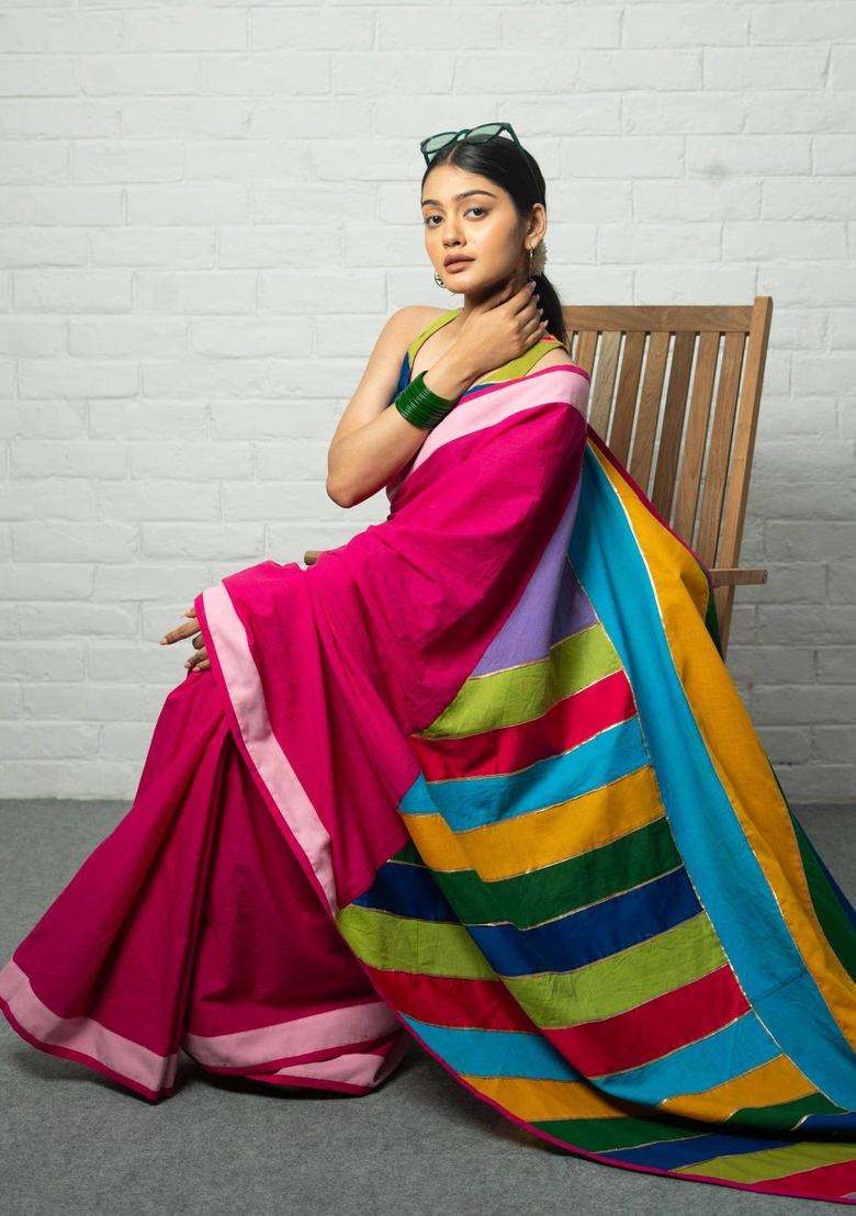 Colorblock Pink Saree without Blouse for Women Casual Wear - Indya