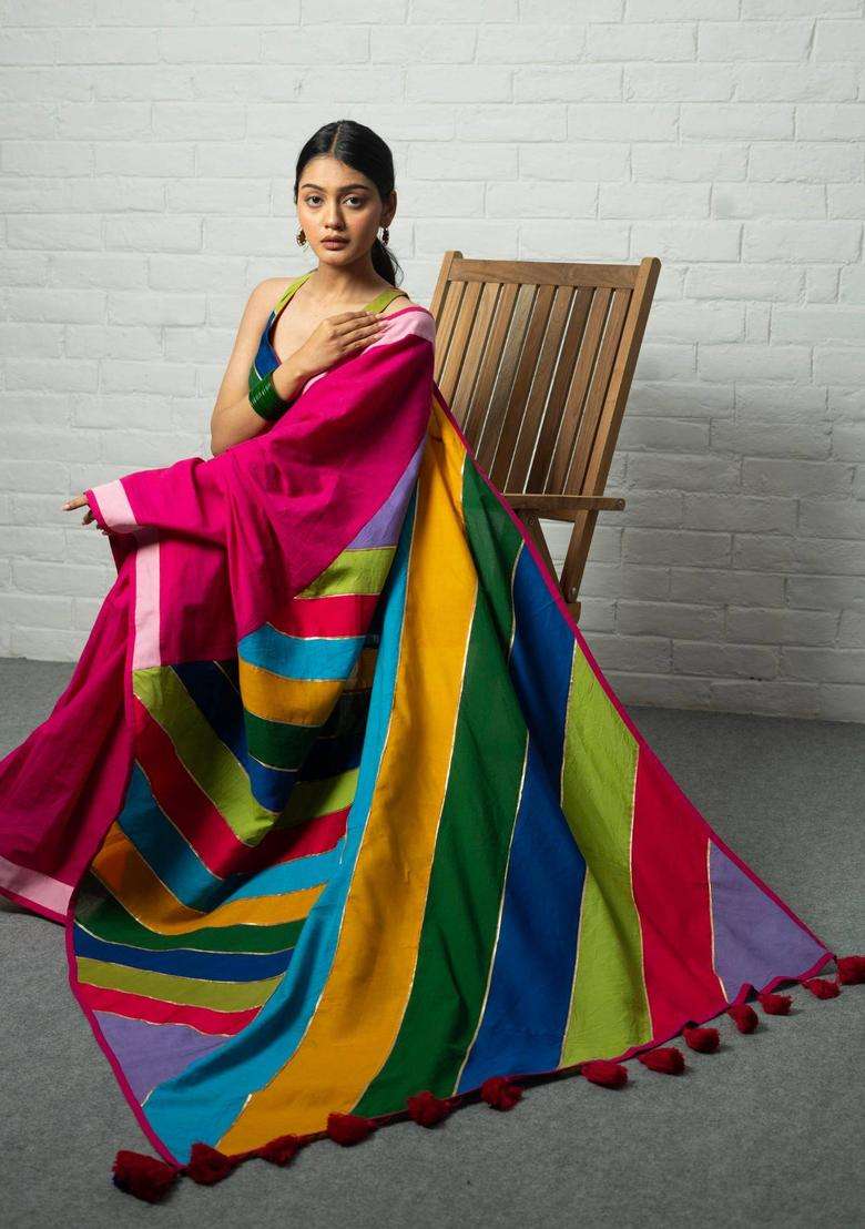 Colorblock Pink Saree without Blouse for Women Casual Wear - Indya