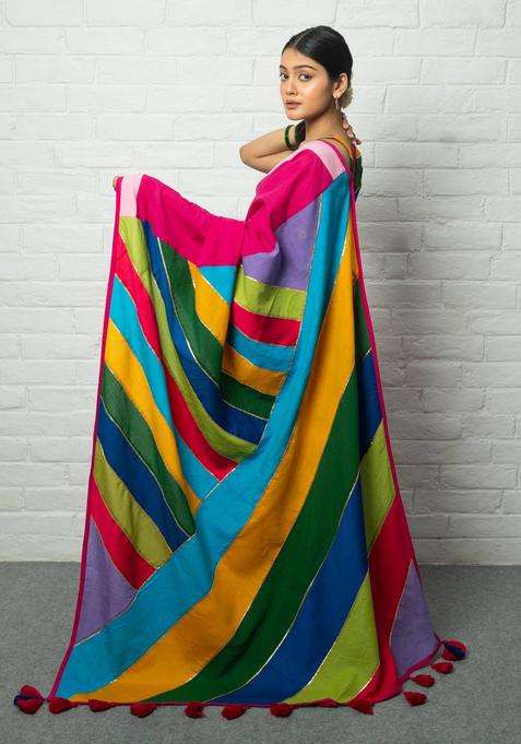 Colorblock Pink Saree without Blouse for Women Casual Wear