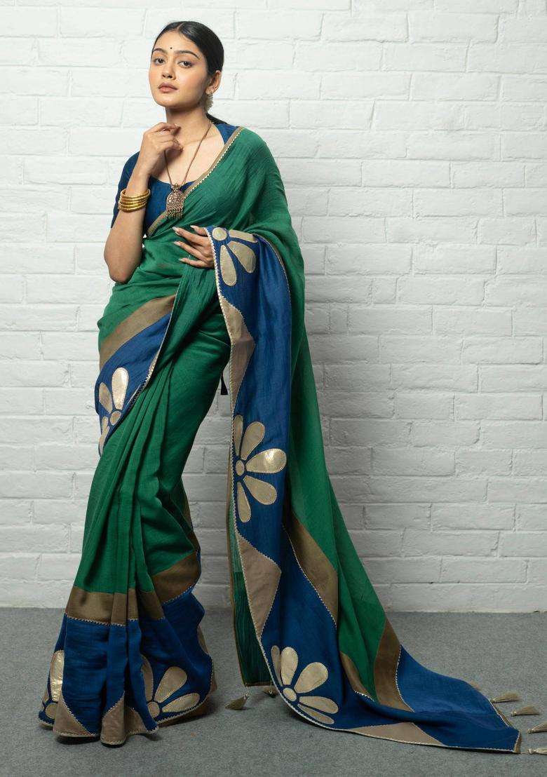 Umrao Floral Green Saree without Blouse for Women Casual Wear - Indya