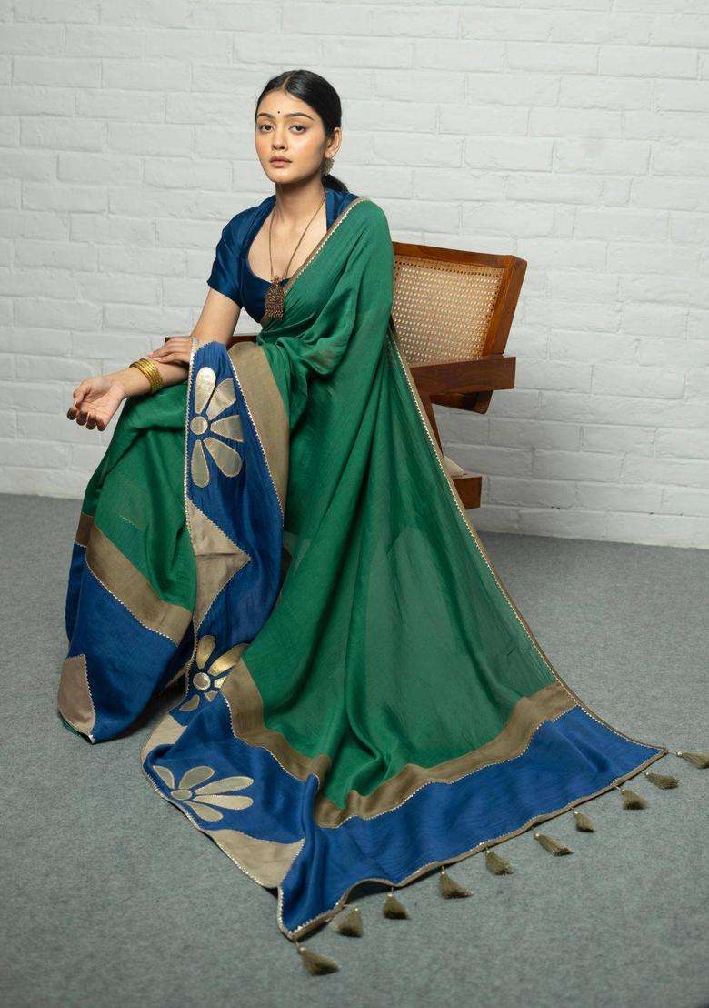 Umrao Floral Green Saree without Blouse for Women Casual Wear - Indya