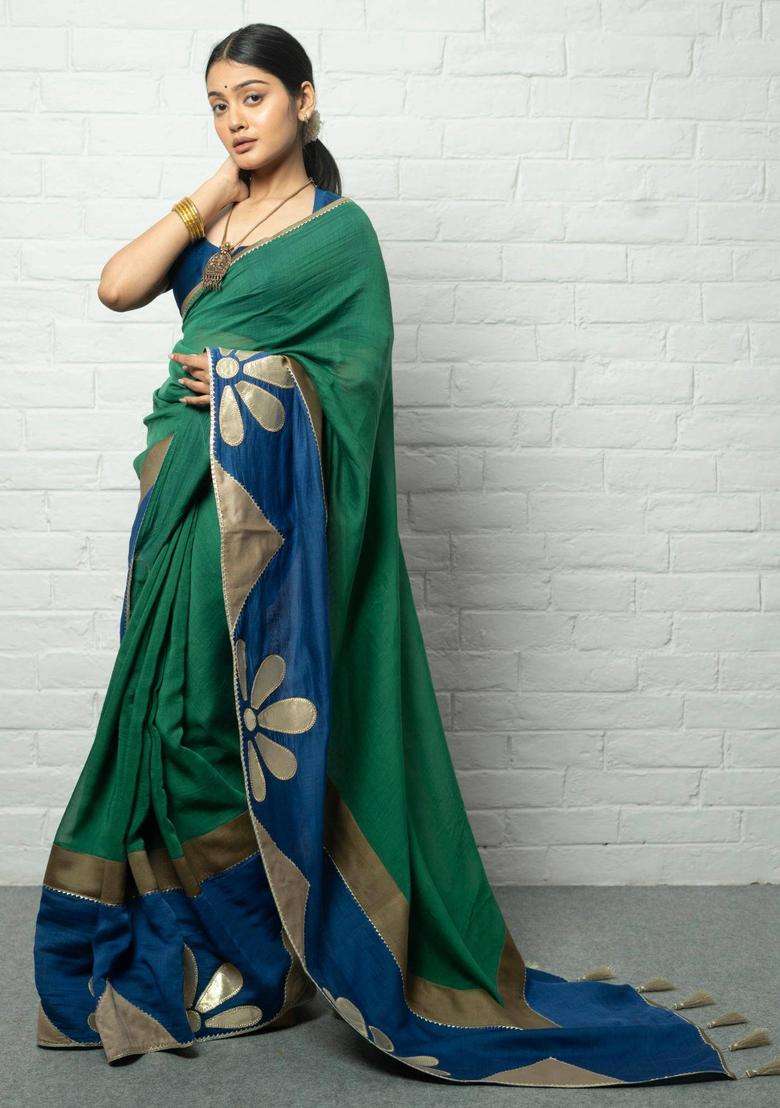 Umrao Floral Green Saree without Blouse for Women Casual Wear - Indya