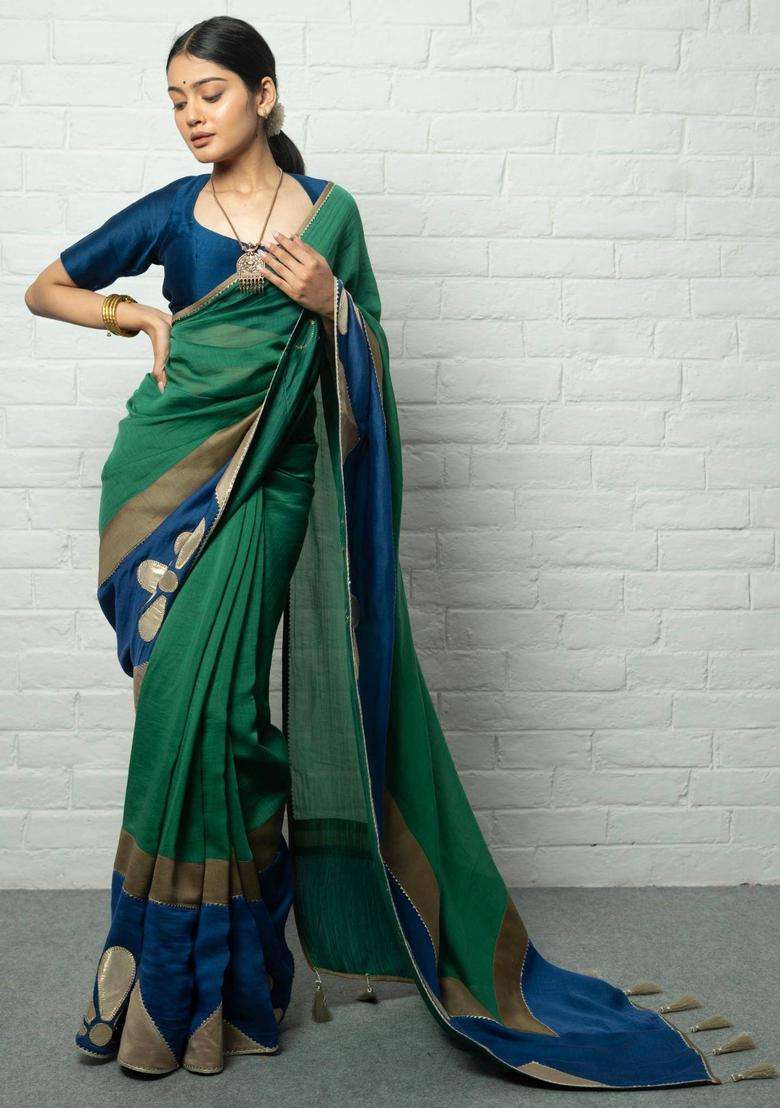 Umrao Floral Green Saree without Blouse for Women Casual Wear - Indya