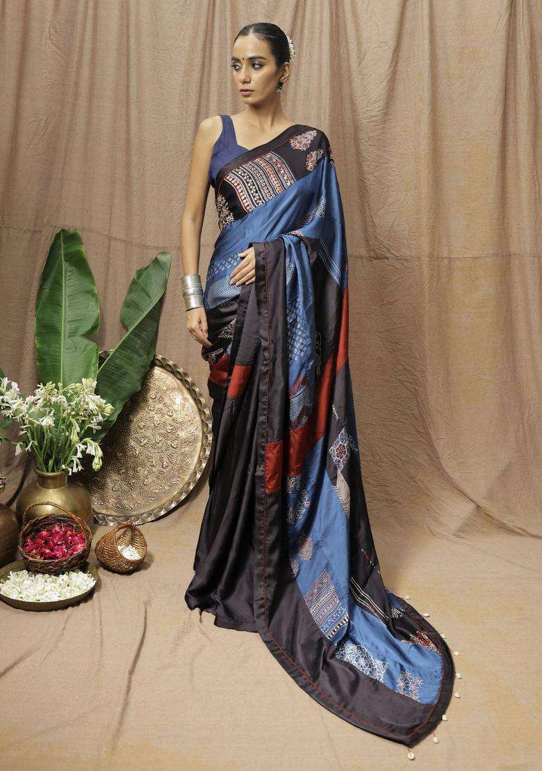 Vaani Black Printed Saree without Blouse for Women Festive Wear - Indya