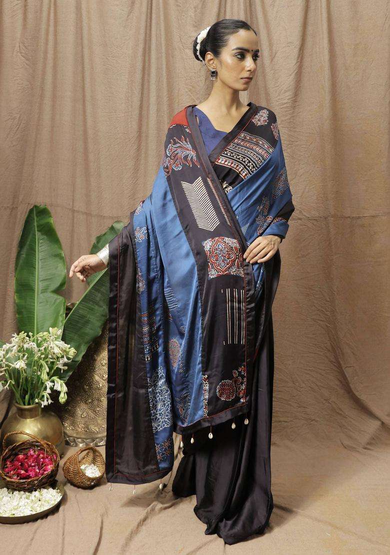 Vaani Black Printed Saree without Blouse for Women Festive Wear - Indya