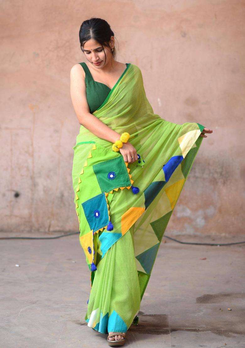 Angoori Green Cotton Saree without Blouse for Women Festive Wear - Indya