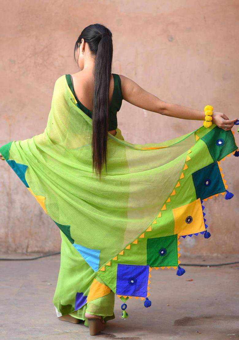 Angoori Green Cotton Saree without Blouse for Women Festive Wear - Indya