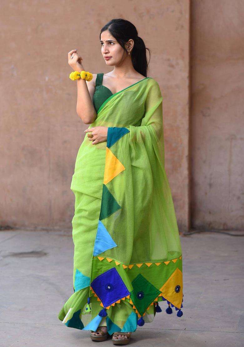 Angoori Green Cotton Saree without Blouse for Women Festive Wear - Indya