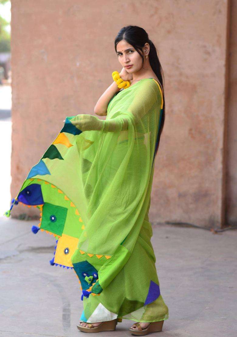 Angoori Green Cotton Saree without Blouse for Women Festive Wear - Indya