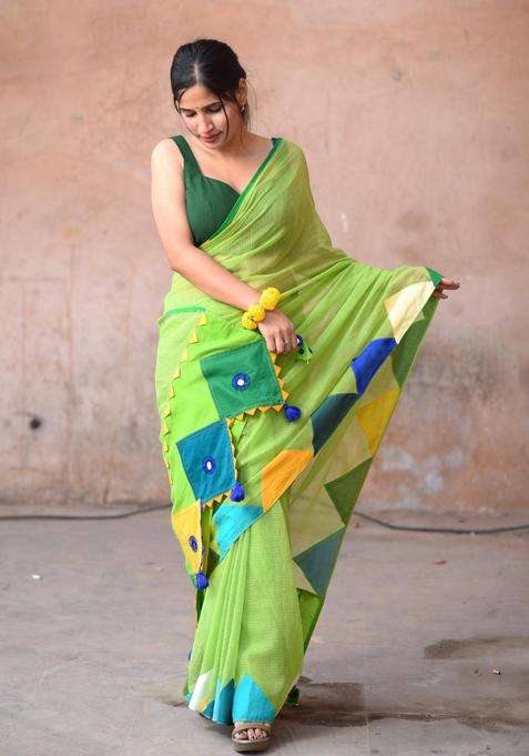 Angoori Green Cotton Saree without Blouse for Women Festive Wear