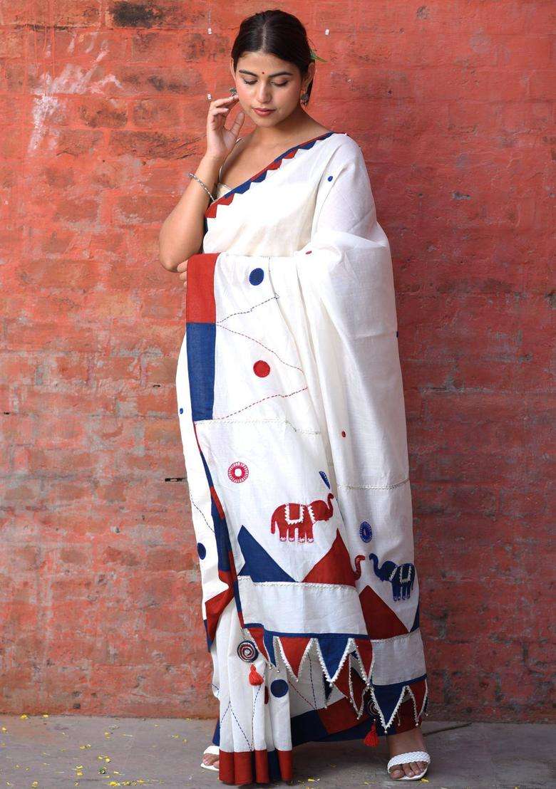 Apsara White Chanderi Silk Saree without Blouse for Women Festive Wear - Indya
