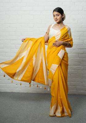 Basanti Yellow Chanderi Silk Saree without Blouse for Women Festive Wear