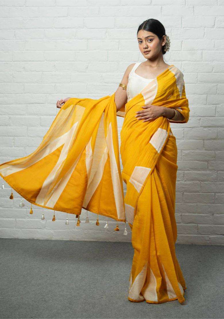 Basanti Yellow Chanderi Silk Saree without Blouse for Women Festive Wear - Indya