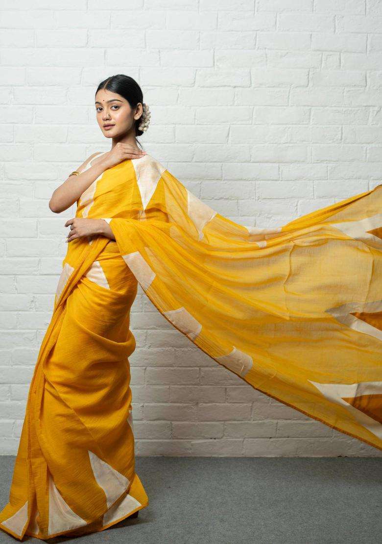 Basanti Yellow Chanderi Silk Saree without Blouse for Women Festive Wear - Indya