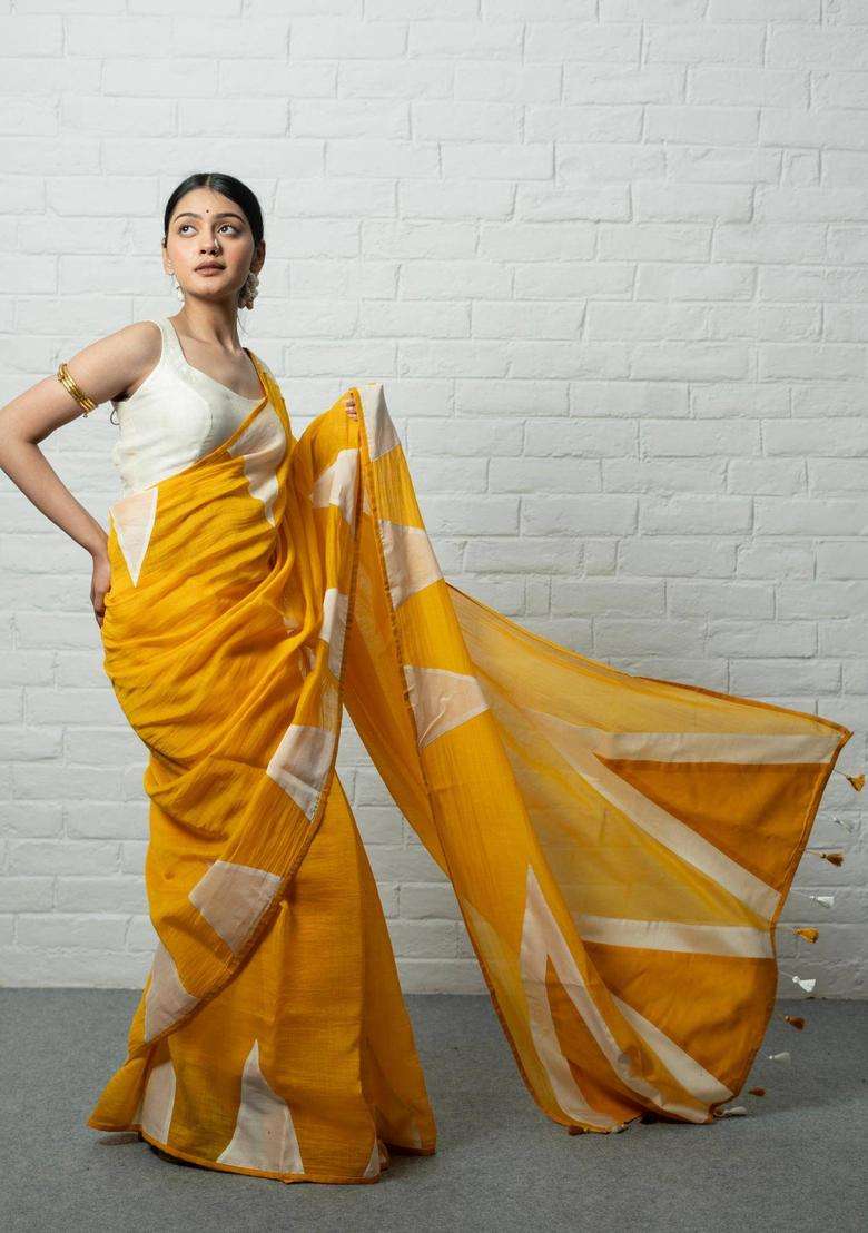 Basanti Yellow Chanderi Silk Saree without Blouse for Women Festive Wear - Indya