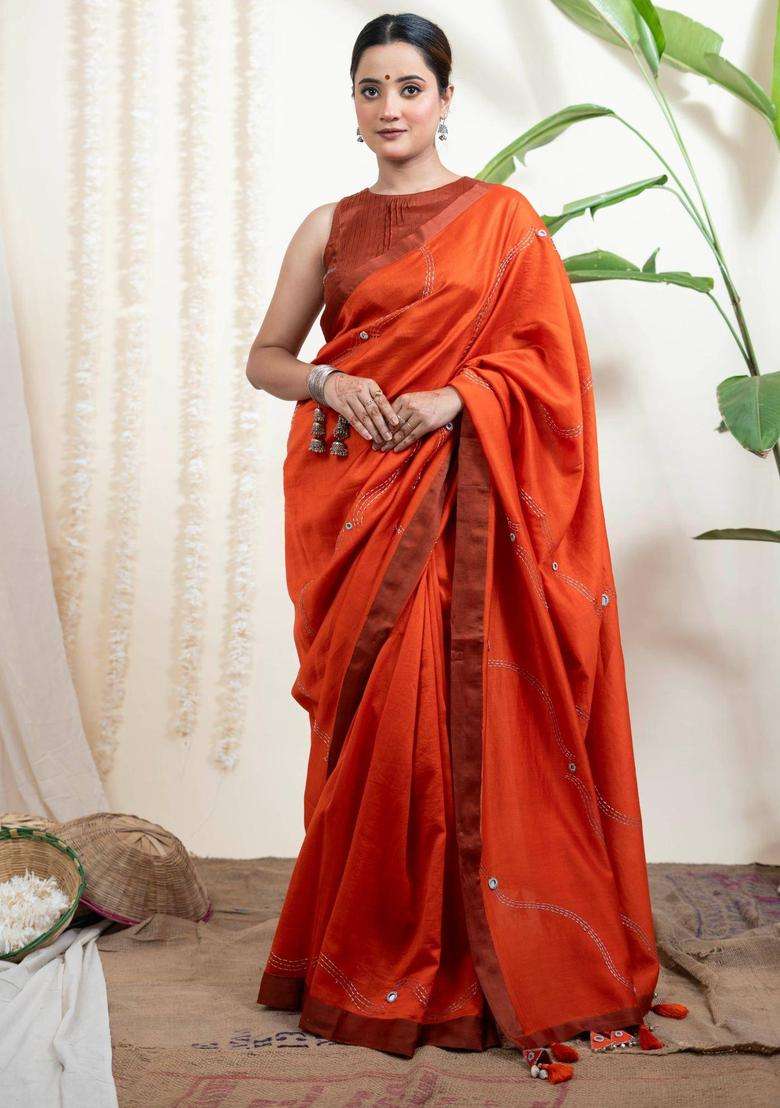 Bindu Orange Chanderi Silk Saree without Blouse for Women Festive Wear - Indya