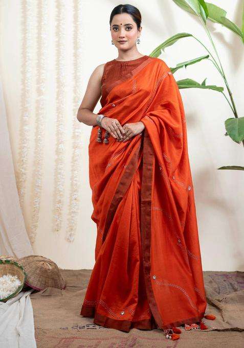 Bindu Orange Chanderi Silk Saree without Blouse for Women Festive Wear