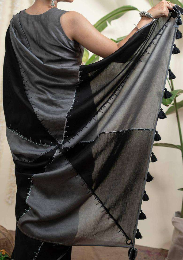 Chandramukhi Black Chanderi Silk Saree without Blouse for Women Casual Wear - Indya