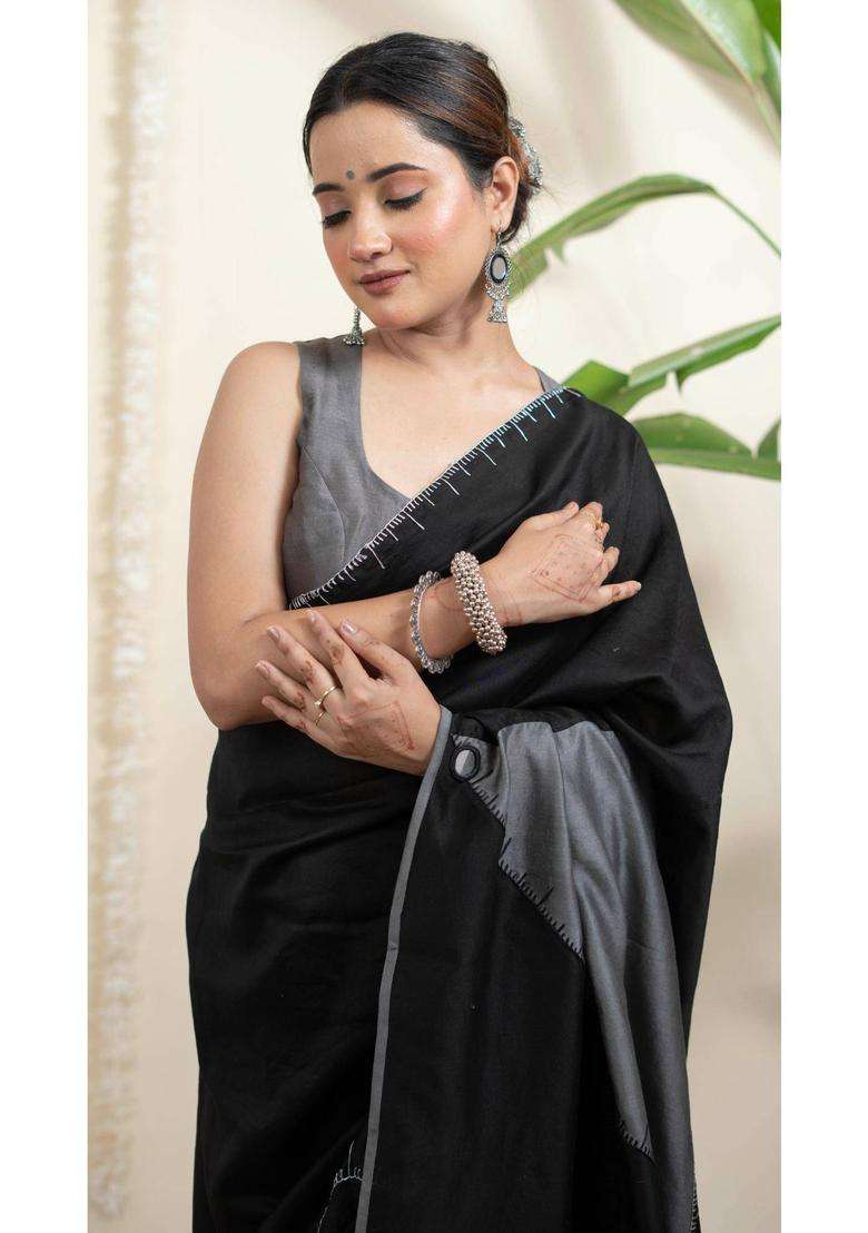 Chandramukhi Black Chanderi Silk Saree without Blouse for Women Casual Wear - Indya