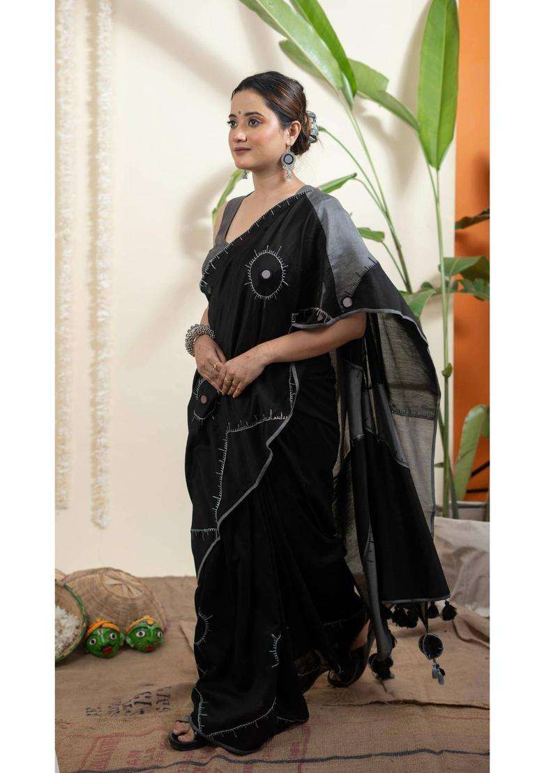 Chandramukhi Black Chanderi Silk Saree without Blouse for Women Casual Wear - Indya