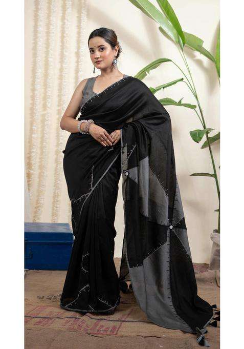 Chandramukhi Black Chanderi Silk Saree without Blouse for Women Casual Wear
