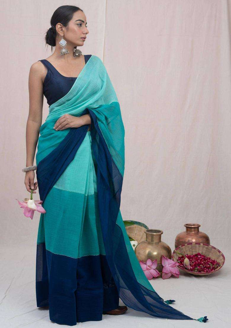 Ganga Aqua Chanderi Silk Saree without Blouse for Women Casual Wear - Indya