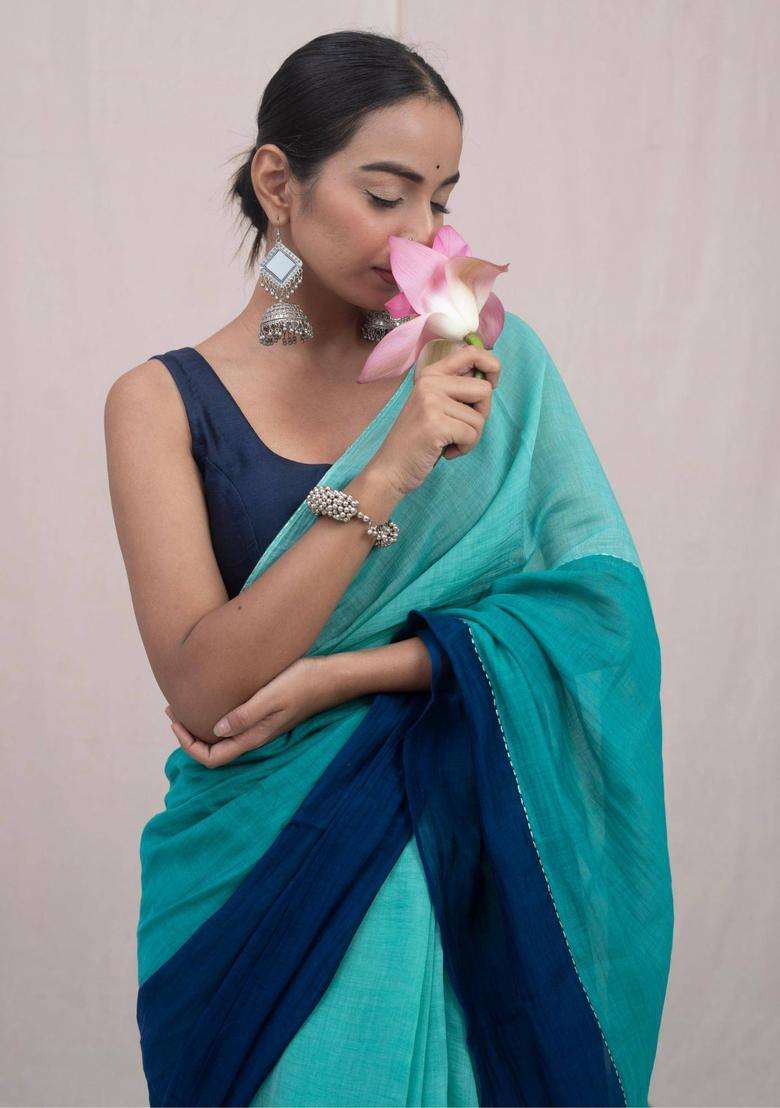 Ganga Aqua Chanderi Silk Saree without Blouse for Women Casual Wear - Indya